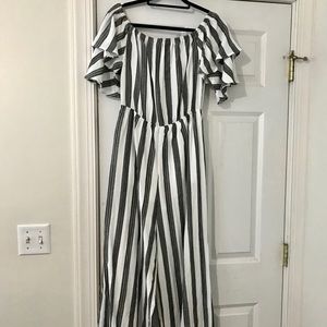Gray and White Striped Flowy Jumpsuit